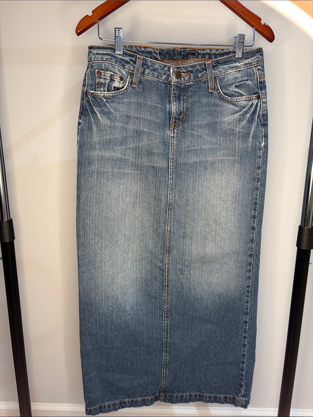 Straight Leg Blue Denim Skirt - Women's Classic Mid Wash